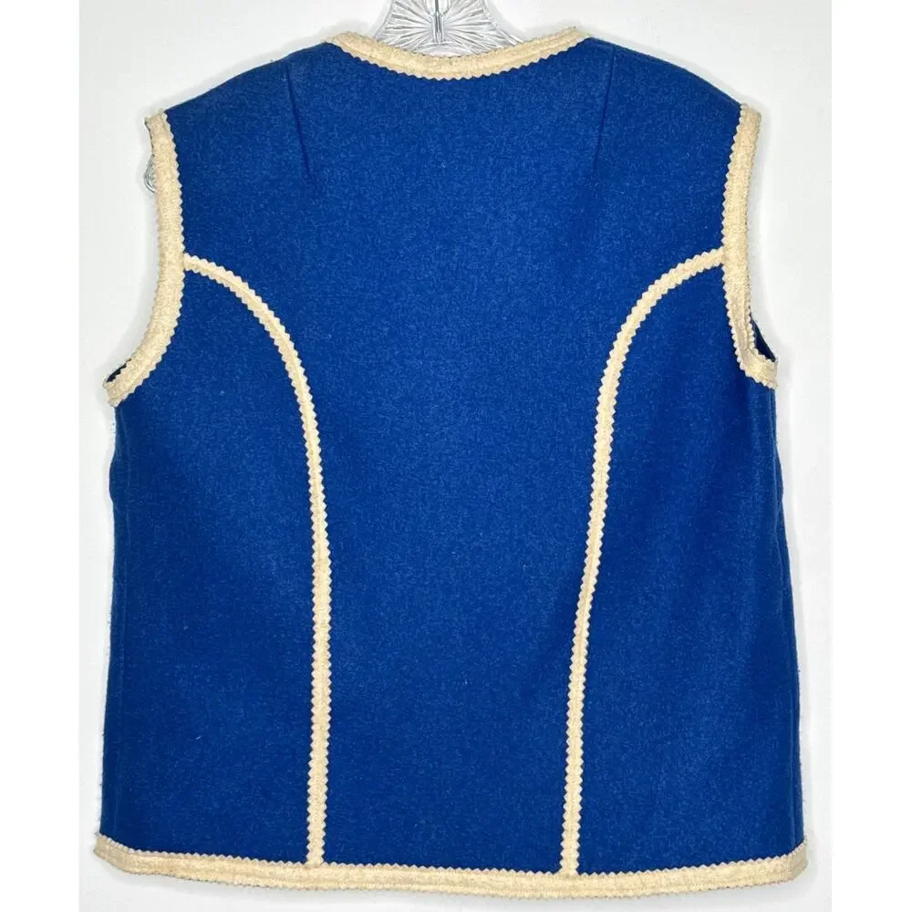 Vintage 70's Hungarian Folk Wool Vest Blue Embroidered Floral Trimmed medium